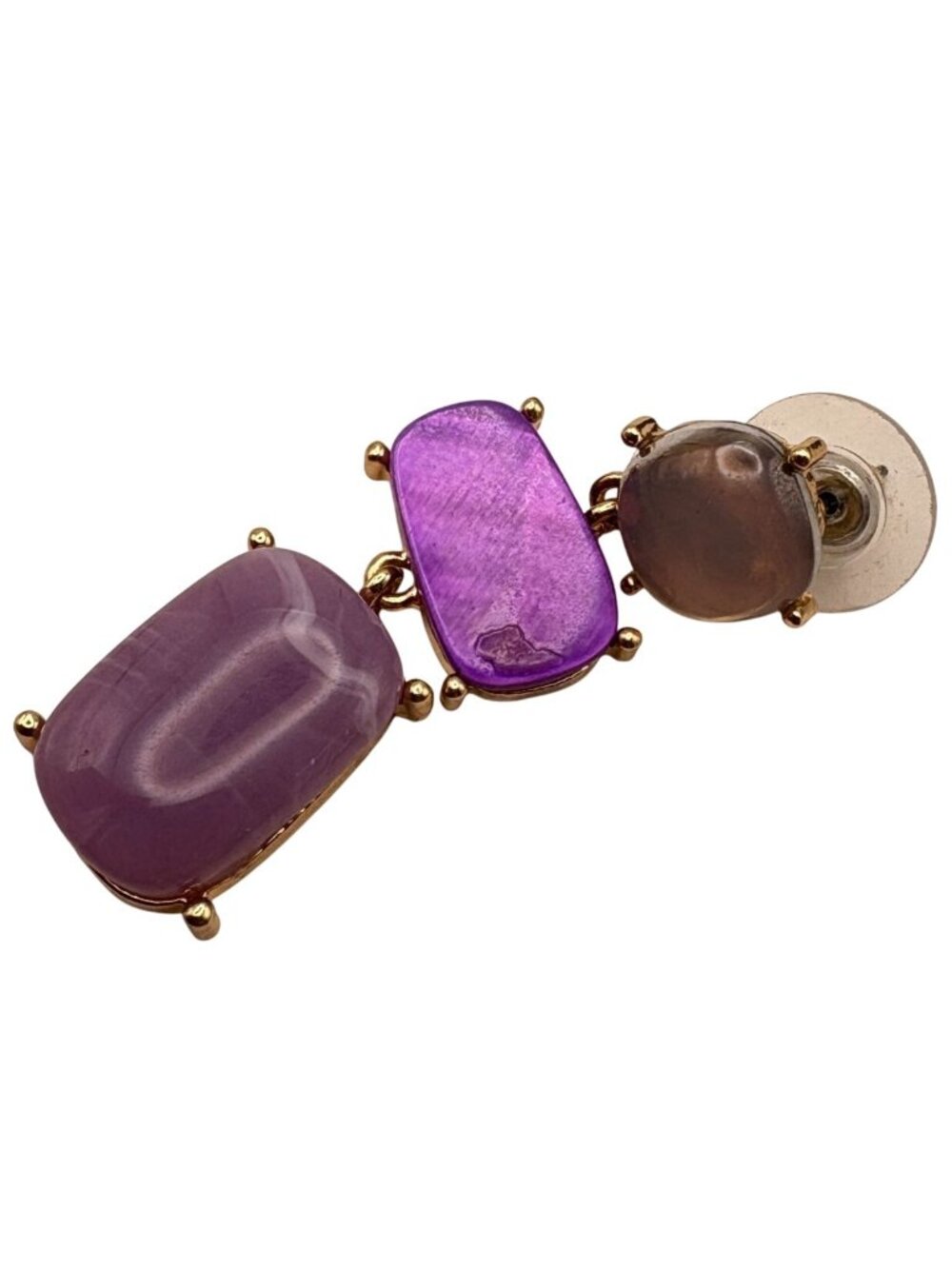 Purple Gold Tone Dangle Drop Earrings Geometric Three-Tier Faux Stones - Picture 5 of 6